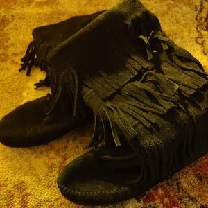 Minnetonka Black Suede Fringe Mid Calf Booties